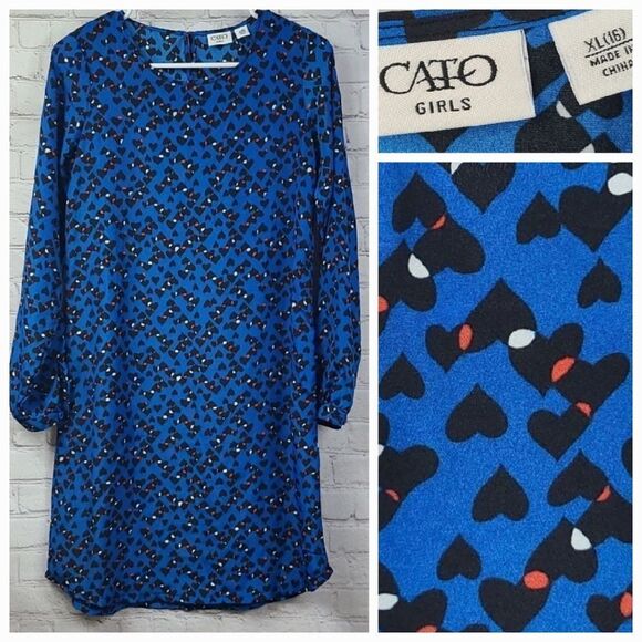 Cato Girls Royal Blue Ditsy Hearts Lightweight Long Sleeve Keyhole Dress XL 16 - Picture 1 of 8